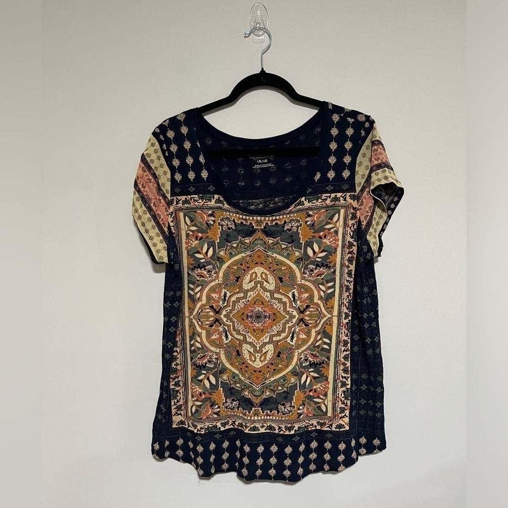 Lucky Brand Navy Multi-Color Patterned Short Sleeve Blouse